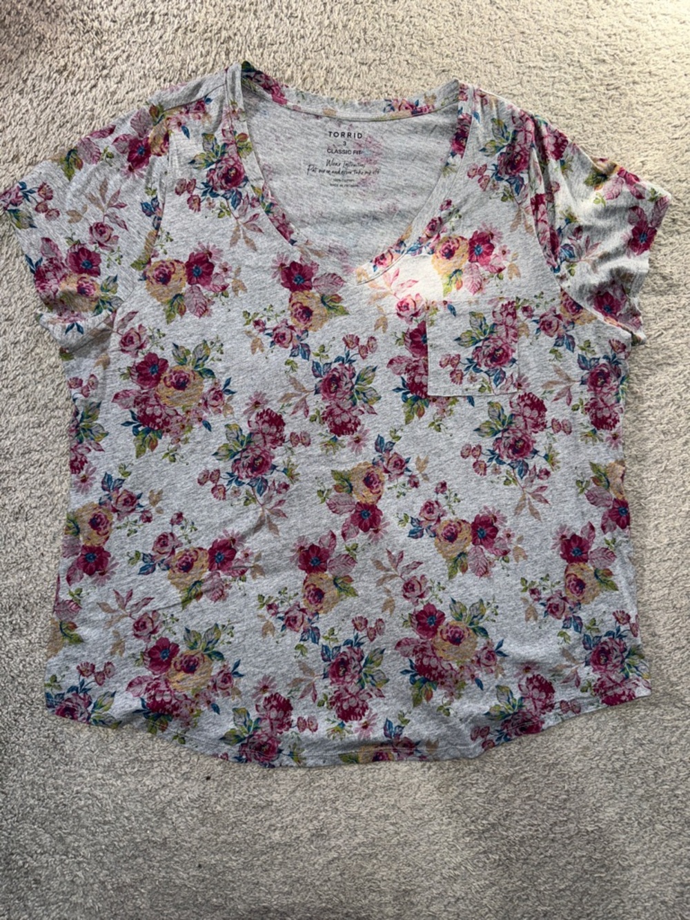 torrid Gray Floral V-Neck Pocket Tee with Pink and Green Flowers